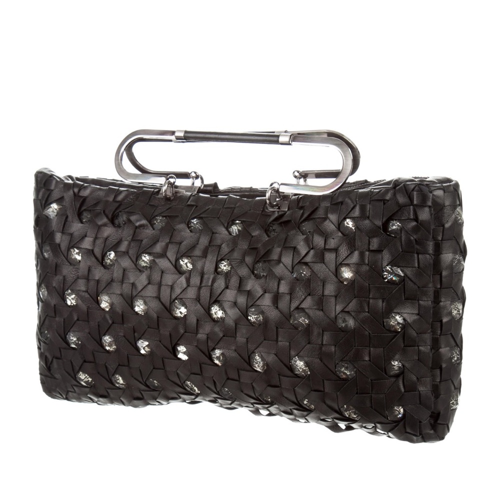 Herve Leger Caned Woven Leather Tote, Black Handbag